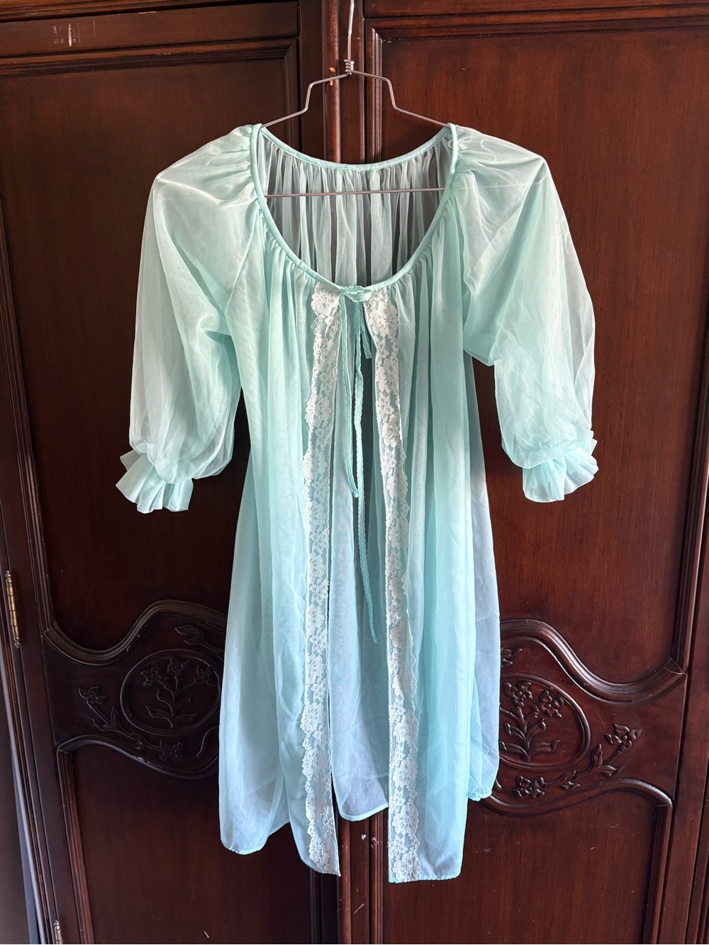 Vintage Light Blue Peignoir Robe with White Lace Details